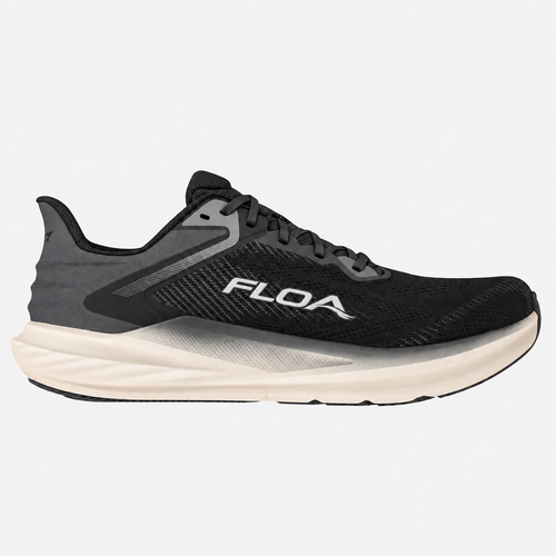 FLOA FLOWMAX black running shoe on a pale grey square background