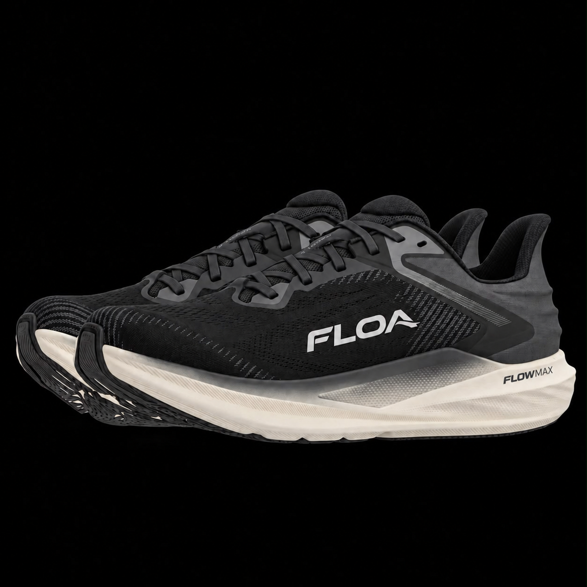 FLOA FLOWMAX black running shoes, three-quarter pair view