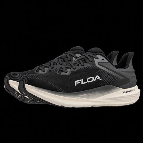 FLOA FLOWMAX black running shoes, three-quarter pair view