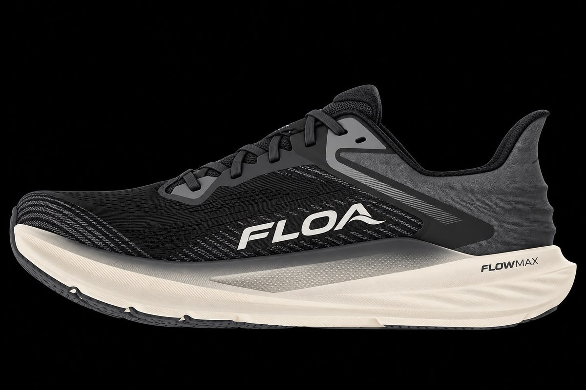 FLOA FLOWMAX black running shoe, side profile