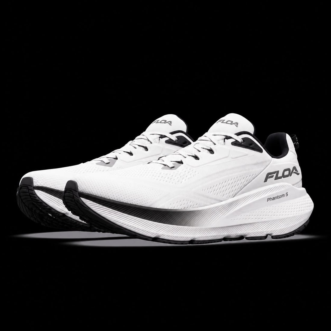 FLOA Phantom 5 white running shoes, three-quarter view