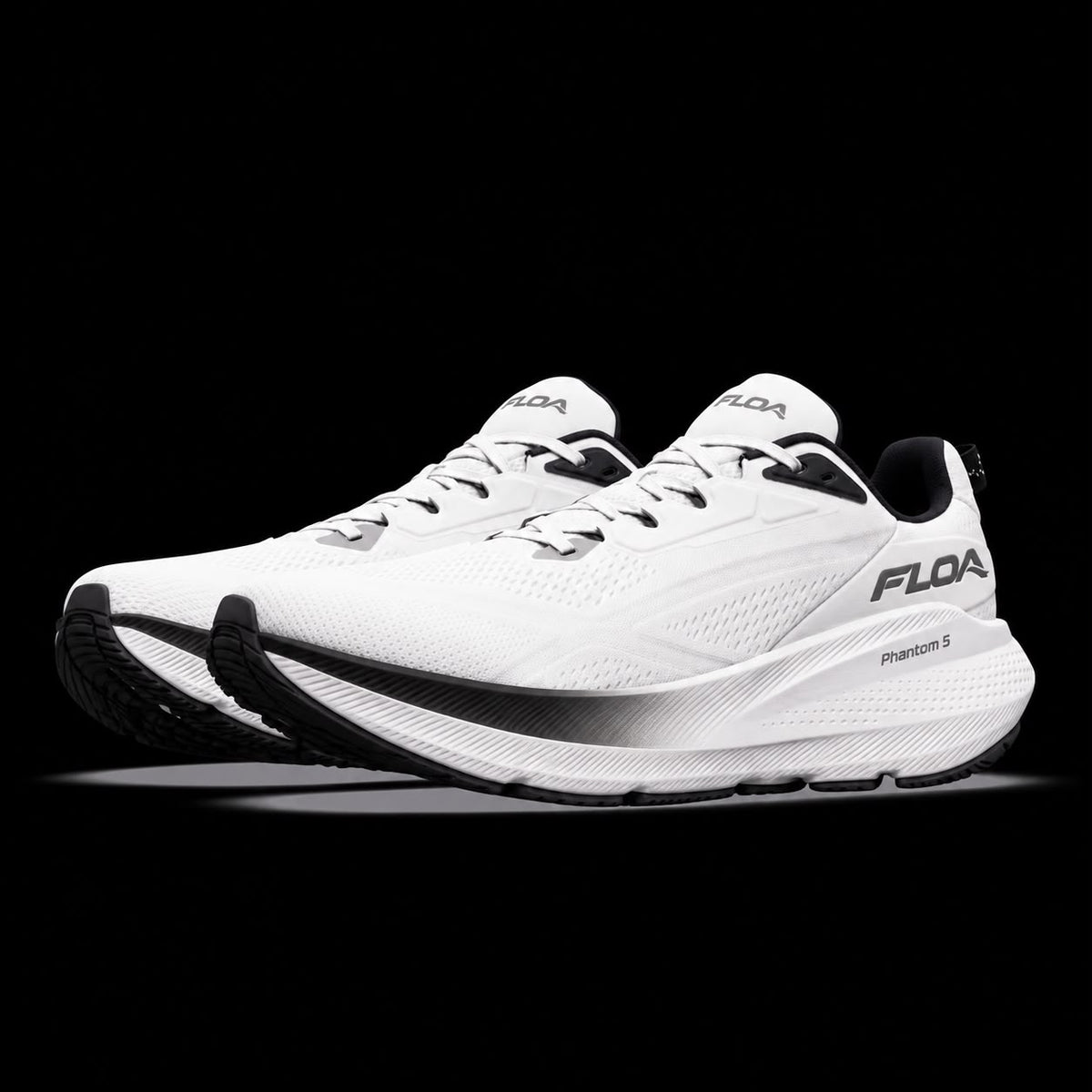 FLOA Phantom 5 white running shoes, three-quarter view