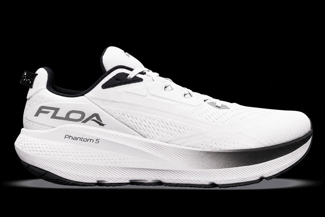 FLOA Phantom 5 white running shoe, side profile