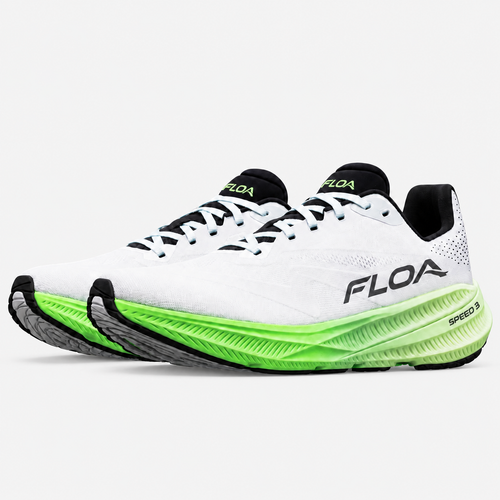 FLOA Speed 3 white and lime running shoes on a pale grey square background