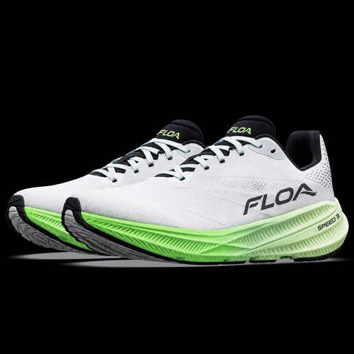 FLOA Speed 3 white running shoes with lime midsole, pair view